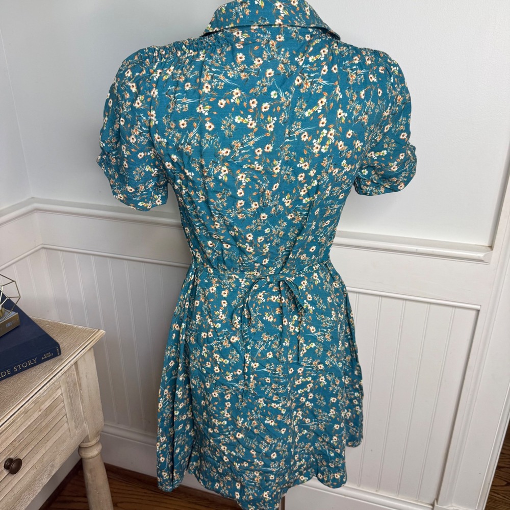 Natural Life Teal Floral Button Front Mini Dress Short Puff Sleeve XS Boho NWOT - Picture 3 of 7